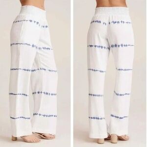 Bella Dahl Tie Dye Smocked Waist Wide Leg Pants, Size L, White & Blue BoHo